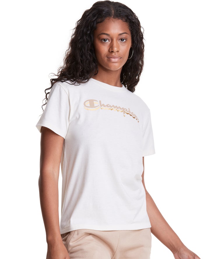 Champion Classic Drop Shadow Foil Script Logo T-Shirt Dames - Wit - Belgie 0425ERQSG